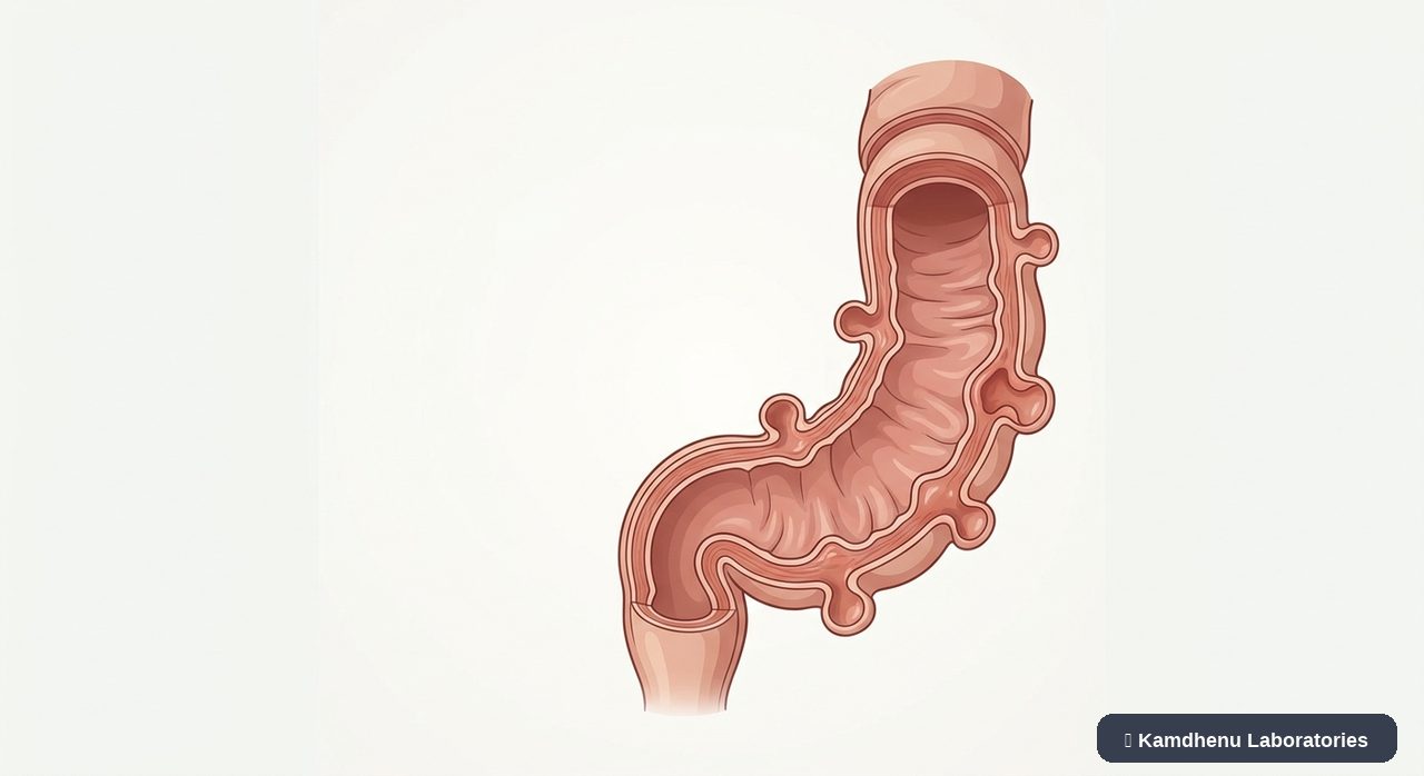 Editorial illustration representing Diverticular disease for the Kamdhenu Laboratories educational wellness blog.