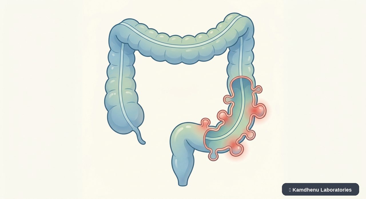 Editorial illustration representing Diverticulitis for the Kamdhenu Laboratories educational wellness blog.