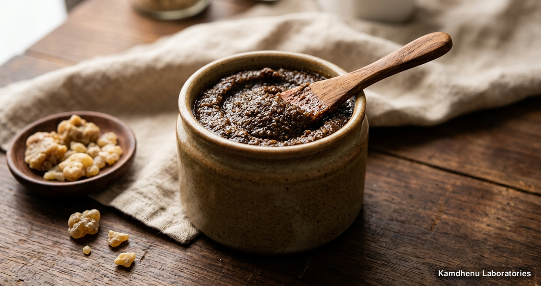 Ayurvedic paste — Drakshavaleha featuring hing, photographed in a wellness setting
