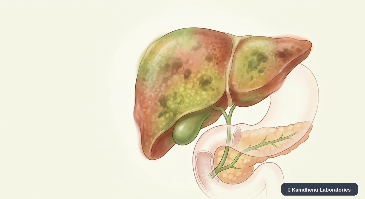 Editorial illustration representing Drug-induced liver injury for the Kamdhenu Laboratories educational wellness blog.