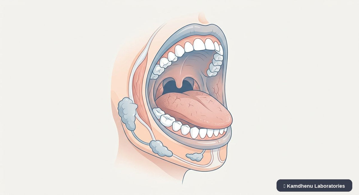 Editorial illustration representing Dry mouth for the Kamdhenu Laboratories educational wellness blog.