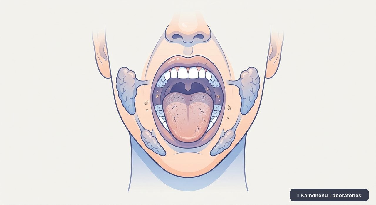 Editorial illustration representing Dry mouth (Xerostomia) for the Kamdhenu Laboratories educational wellness blog.