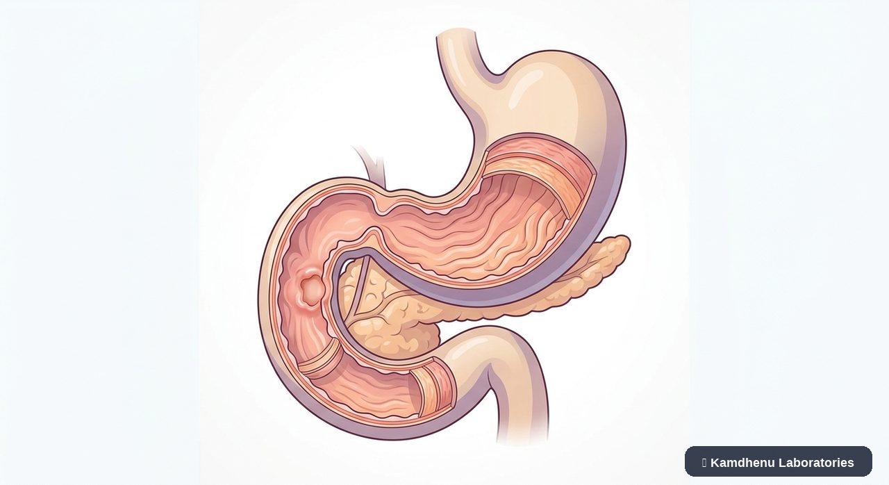 Editorial illustration representing Duodenal ulcer for the Kamdhenu Laboratories educational wellness blog.