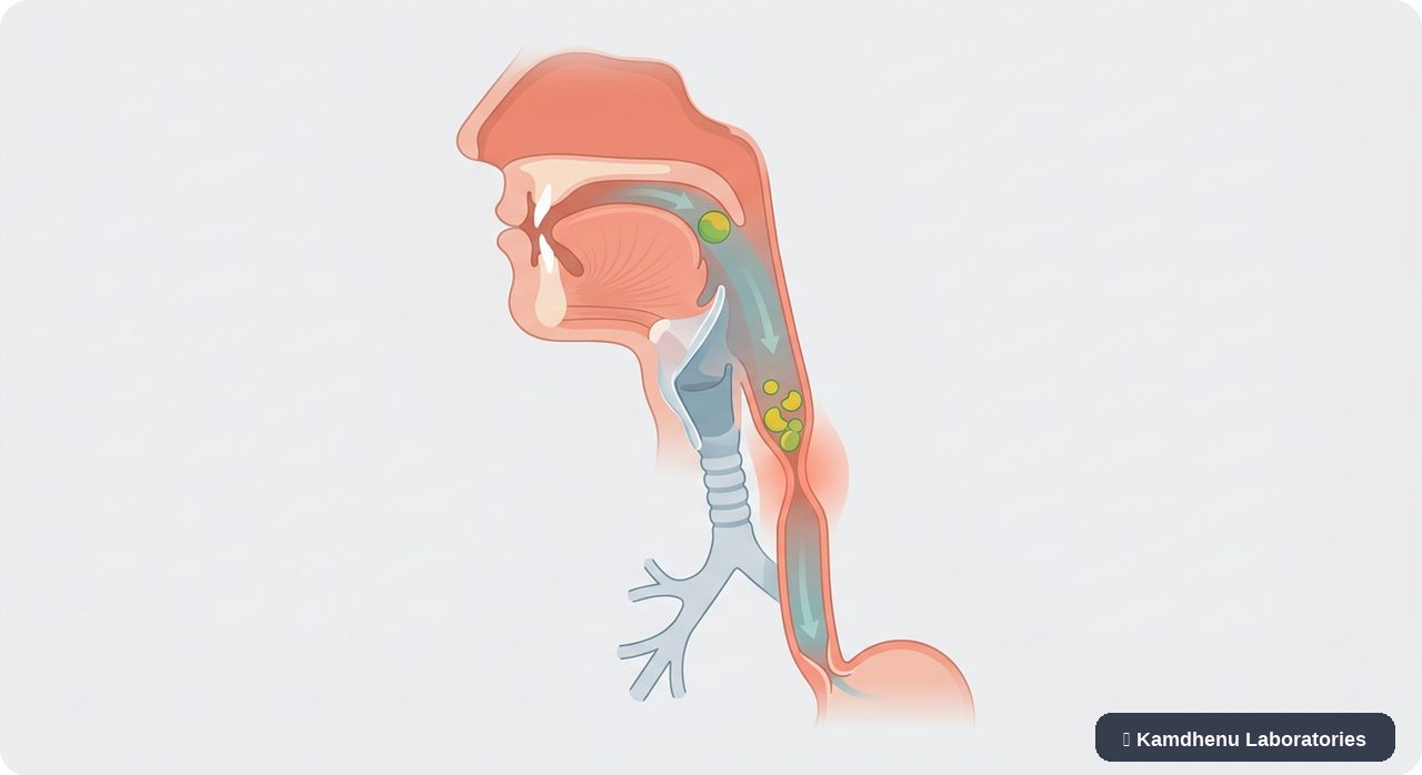 Editorial illustration representing Dysphagia for the Kamdhenu Laboratories educational wellness blog.