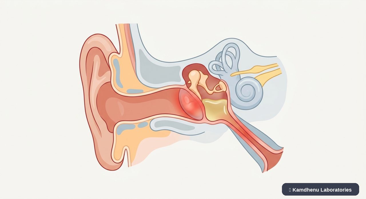 Editorial illustration representing Ear infection (Otitis media) for the Kamdhenu Laboratories educational wellness blog.