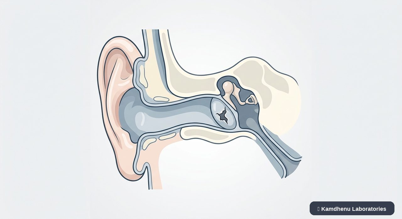 Editorial illustration representing Eardrum perforation for the Kamdhenu Laboratories educational wellness blog.