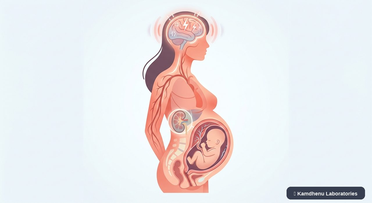 Editorial illustration representing Eclampsia for the Kamdhenu Laboratories educational wellness blog.