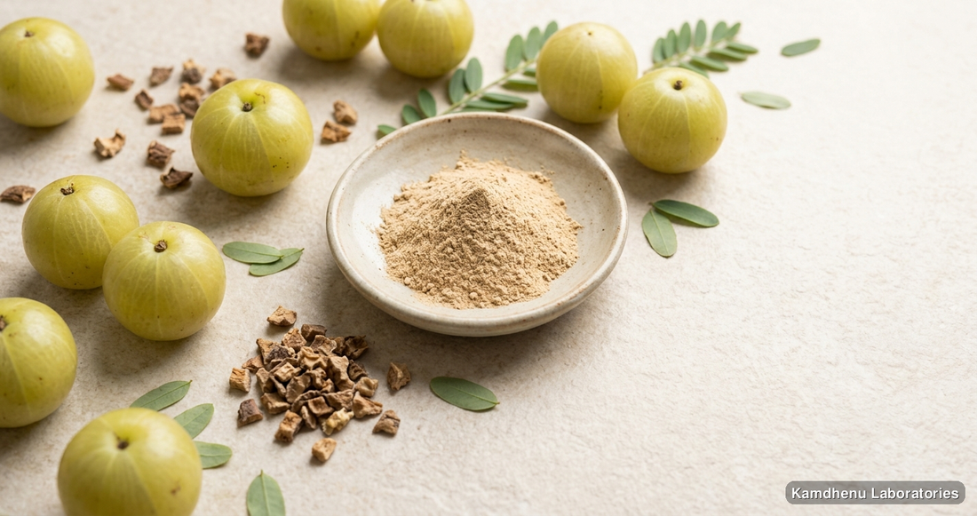 reputed Ayurvedic manufacturers Amla (Awala) Powder – 250g & 100g — Ayurvedic powder containing amla. Clean product photograph on a soft light background.
