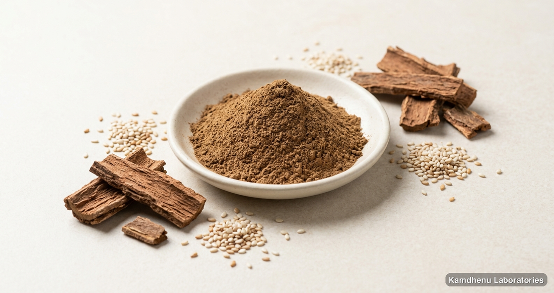 reputed Ayurvedic manufacturers Arjun Chaal Powder — Arjuna Bark Powder — Ayurvedic powder containing arjuna, til. Clean product photograph on a soft light background.