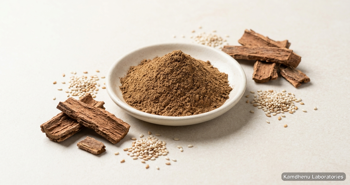 reputed Ayurvedic manufacturers Arjun Chaal Powder — Arjuna Bark Powder — Ayurvedic powder containing arjuna, til. Clean product photograph on a soft light background.