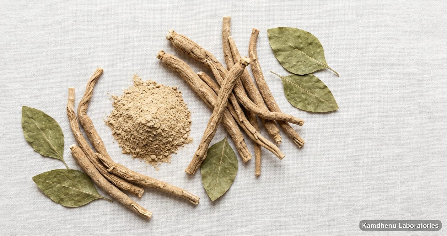 reputed Ayurvedic manufacturers Ashwagandha Powder — Withania somnifera — Ayurvedic powder containing ashwagandha. Clean product photograph on a soft light background.