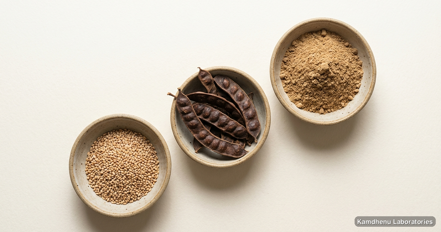 reputed Ayurvedic manufacturers Babool Phali Powder — Acacia arabica (100 g) — Ayurvedic powder containing til. Clean product photograph on a soft light background.
