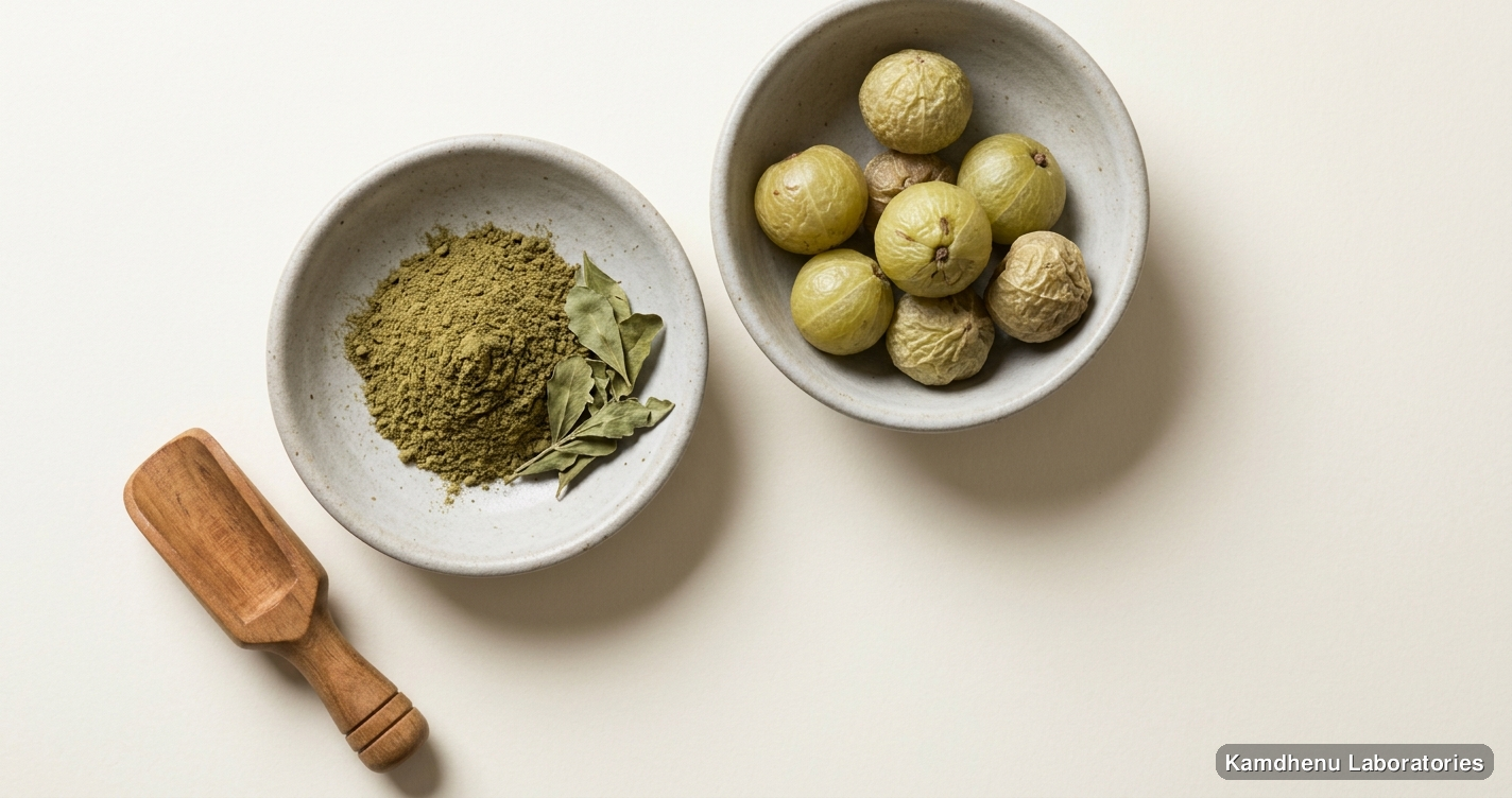 reputed Ayurvedic manufacturers Brahmi Powder — Bacopa Monnieri (Ayurvedic Herb) — Ayurvedic powder containing brahmi, amla. Clean product photograph on a soft light background.