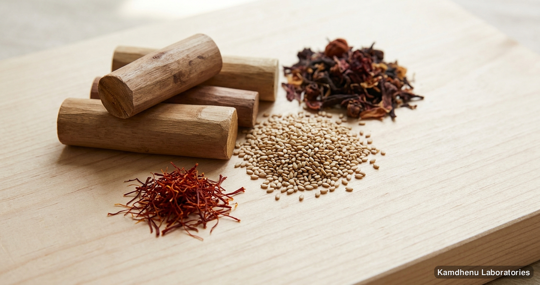 reputed Ayurvedic manufacturers Kumkumadi Taila 100 ml – Ayurvedic Face Oil — Ayurvedic oil containing chandan, sandalwood, kesar. Clean product photograph on a soft light background.