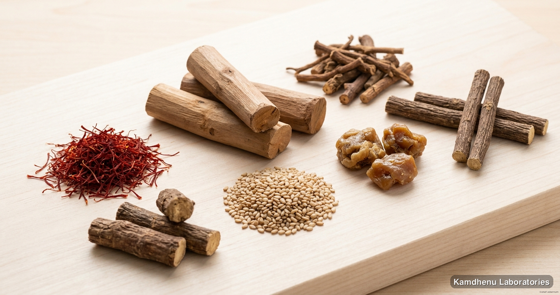 reputed Ayurvedic manufacturers Kumkumadi Taila 15 ml – Ayurvedic Face Oil — Ayurvedic oil containing sandalwood, saffron, kumkumadi. Clean product photograph on a soft light backgrou