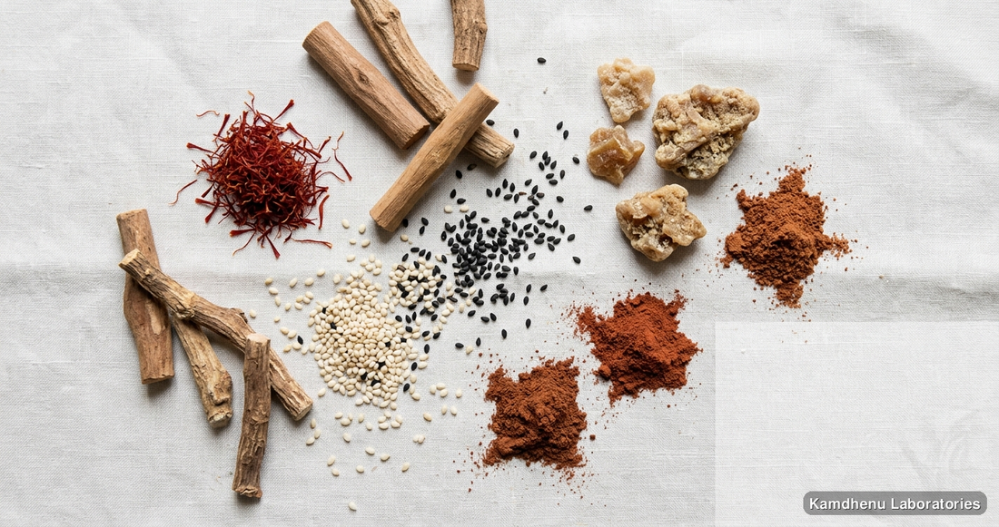 reputed Ayurvedic manufacturers Kumkumadi Taila 30 ml – Ayurvedic Face Oil — Ayurvedic oil containing sandalwood, saffron, kumkumadi. Clean product photograph on a soft light backgrou