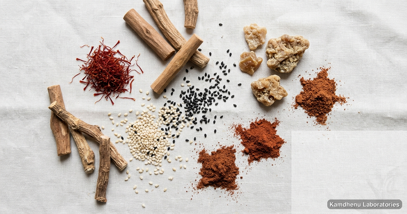 reputed Ayurvedic manufacturers Kumkumadi Taila 30 ml – Ayurvedic Face Oil — Ayurvedic oil containing sandalwood, saffron, kumkumadi. Clean product photograph on a soft light backgrou
