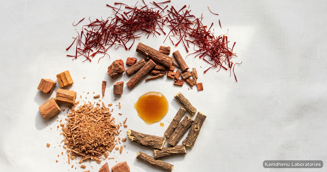 reputed Ayurvedic manufacturers Kumkumadi Taila 50 ml – Ayurvedic Face Oil — Ayurvedic oil containing manjistha, chandan, sandalwood. Clean product photograph on a soft light backgrou