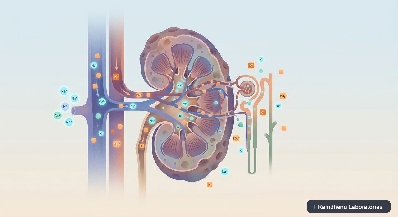 Editorial illustration representing Electrolyte disorders in kidney disease for the Kamdhenu Laboratories educational wellness blog.