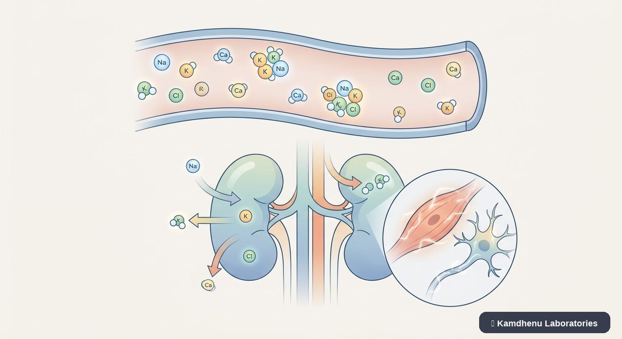 Editorial illustration representing Electrolyte imbalance for the Kamdhenu Laboratories educational wellness blog.