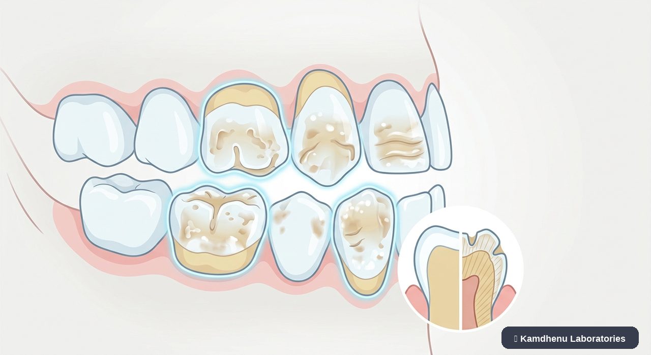 Editorial illustration representing Enamel hypoplasia for the Kamdhenu Laboratories educational wellness blog.