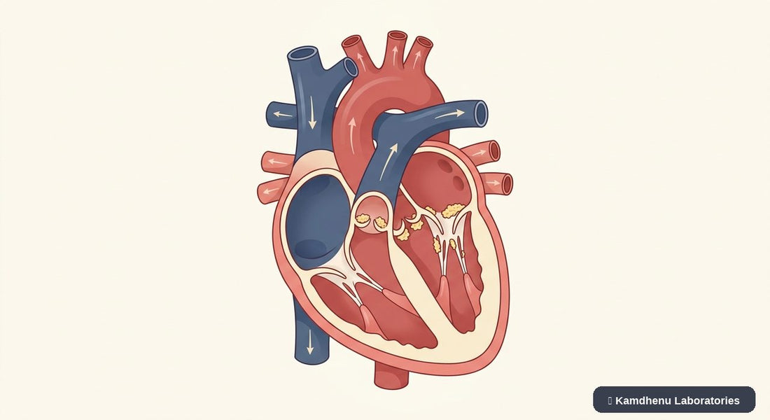 Editorial illustration representing Endocarditis for the Kamdhenu Laboratories educational wellness blog.