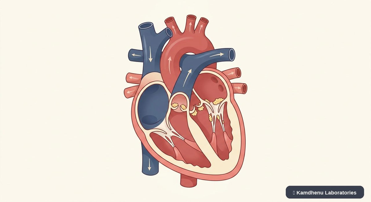 Editorial illustration representing Endocarditis for the Kamdhenu Laboratories educational wellness blog.