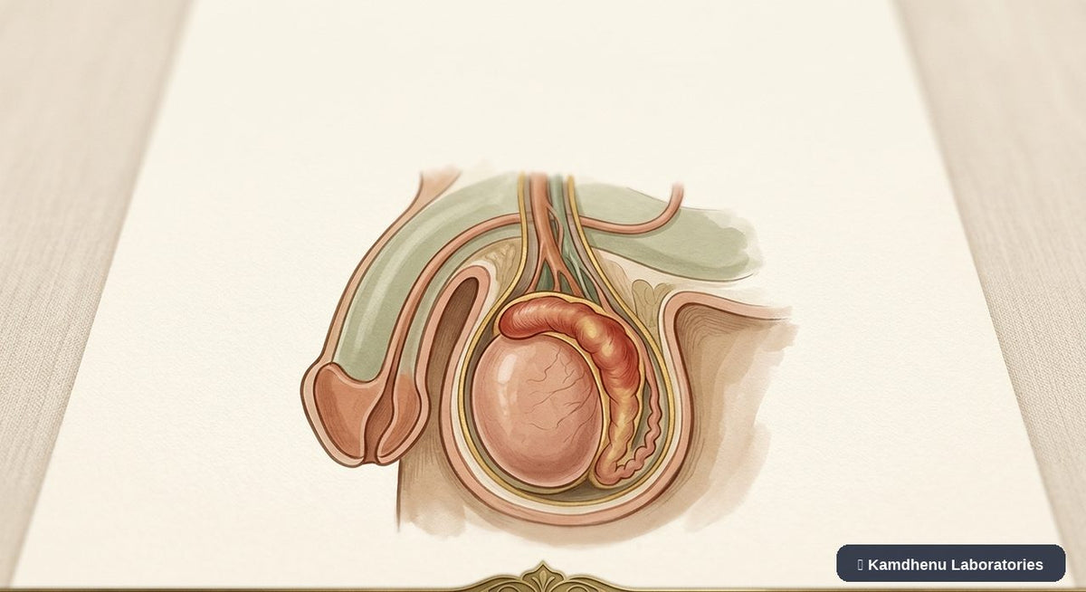 Editorial illustration representing Epididymitis for the Kamdhenu Laboratories educational wellness blog.