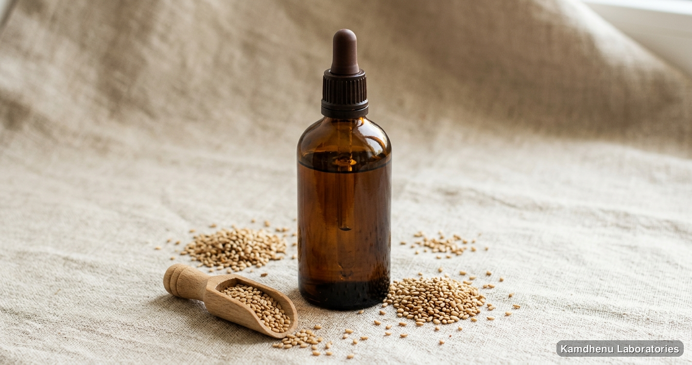 Ayurvedic oil — Erand Taila | 100 ml featuring til, photographed in a wellness setting