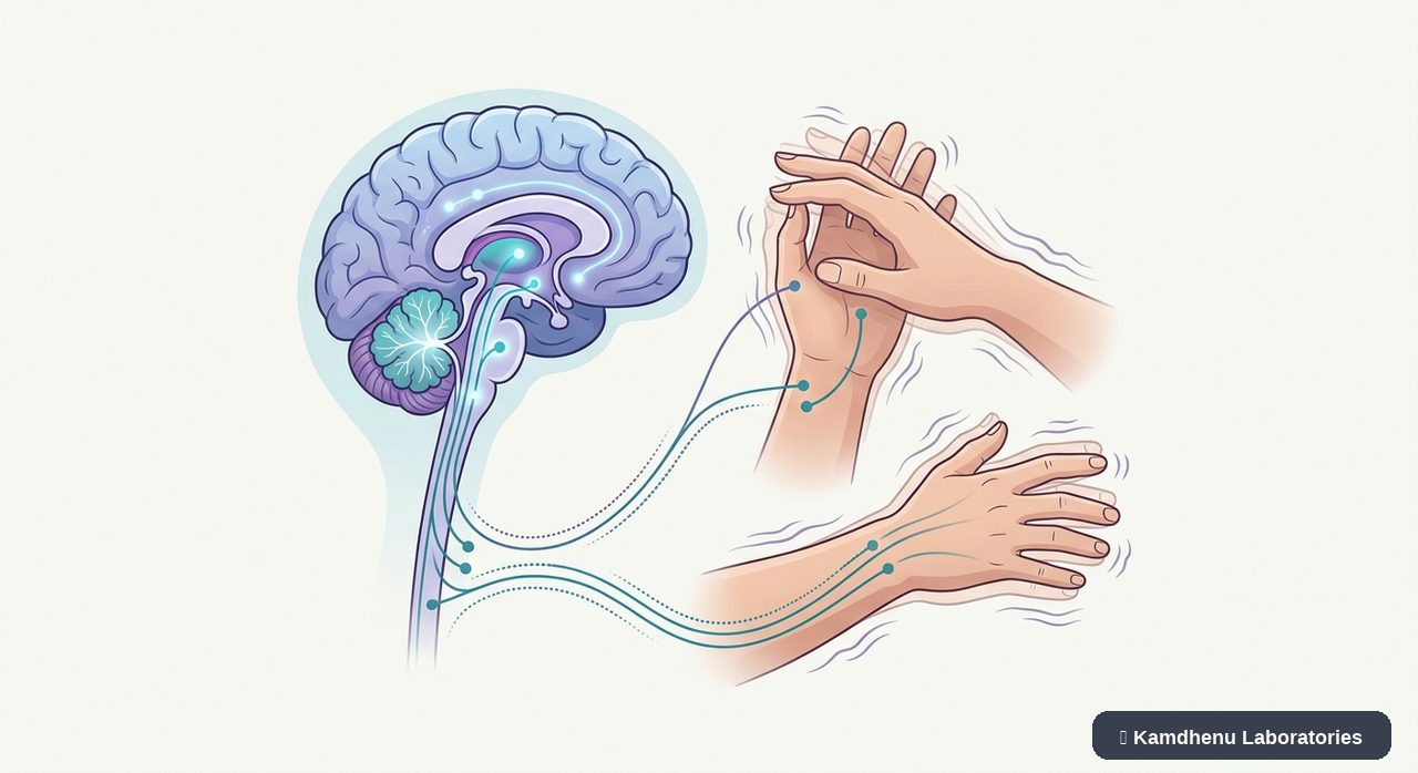 Editorial illustration representing Essential tremor for the Kamdhenu Laboratories educational wellness blog.