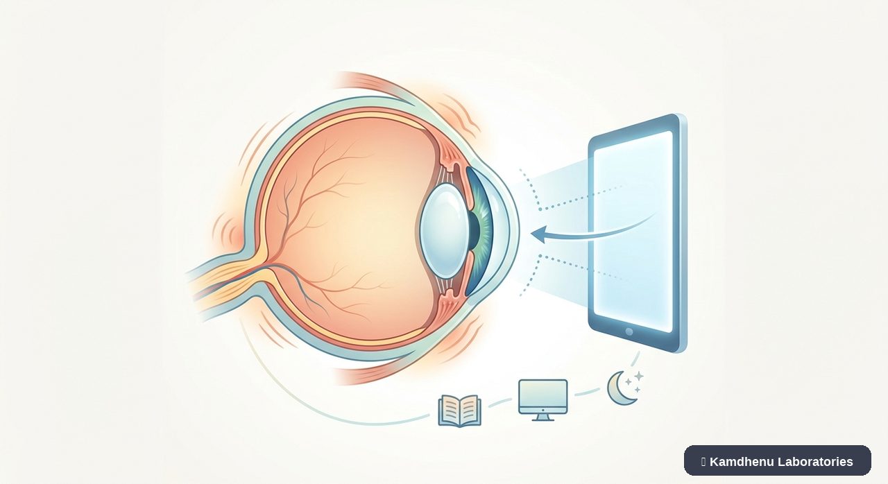 Editorial illustration representing Eye strain for the Kamdhenu Laboratories educational wellness blog.