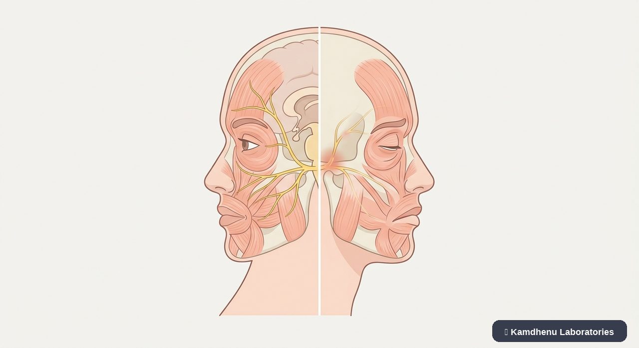 Editorial illustration representing Facial nerve palsy for the Kamdhenu Laboratories educational wellness blog.