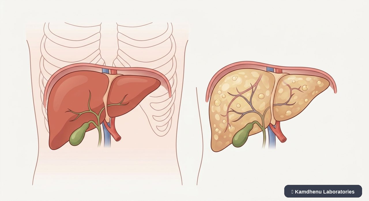 Editorial illustration representing Fatty liver disease for the Kamdhenu Laboratories educational wellness blog.