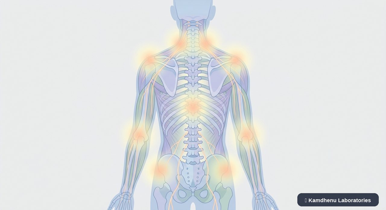 Editorial illustration representing Fibromyalgia for the Kamdhenu Laboratories educational wellness blog.