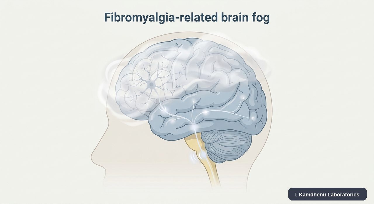 Editorial illustration representing Fibromyalgia-related brain fog for the Kamdhenu Laboratories educational wellness blog.