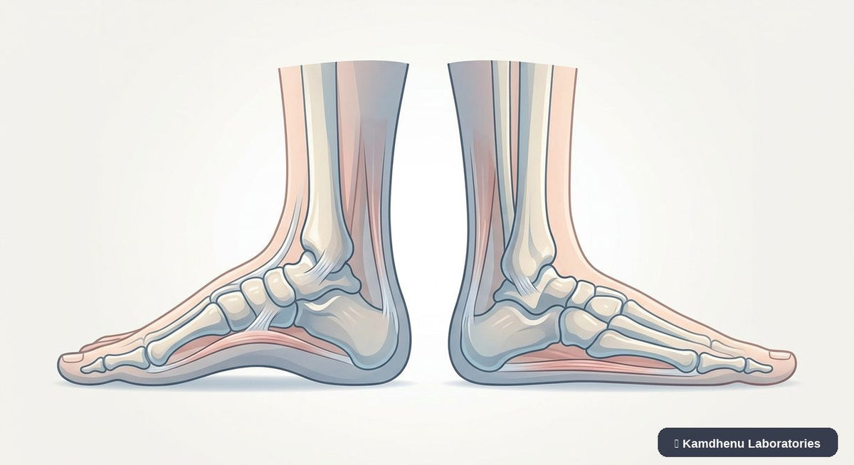 Editorial illustration representing Flat feet for the Kamdhenu Laboratories educational wellness blog.