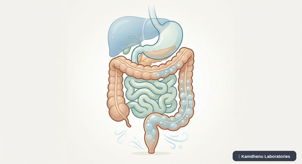 Editorial illustration representing Flatulence for the Kamdhenu Laboratories educational wellness blog.