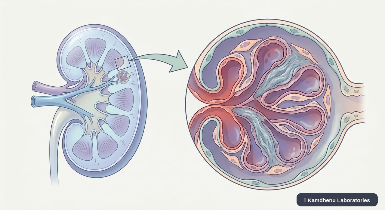 Editorial illustration representing Focal segmental glomerulosclerosis for the Kamdhenu Laboratories educational wellness blog.
