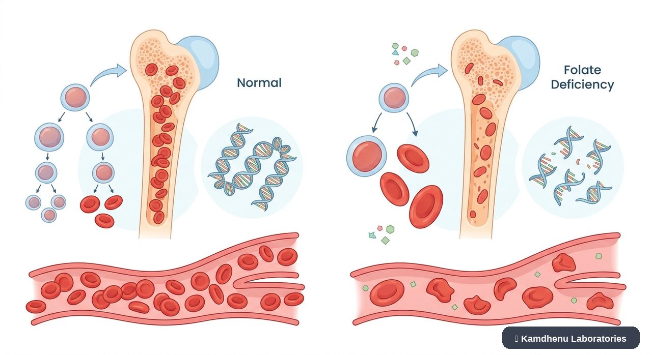 Editorial illustration representing Folate deficiency for the Kamdhenu Laboratories educational wellness blog.
