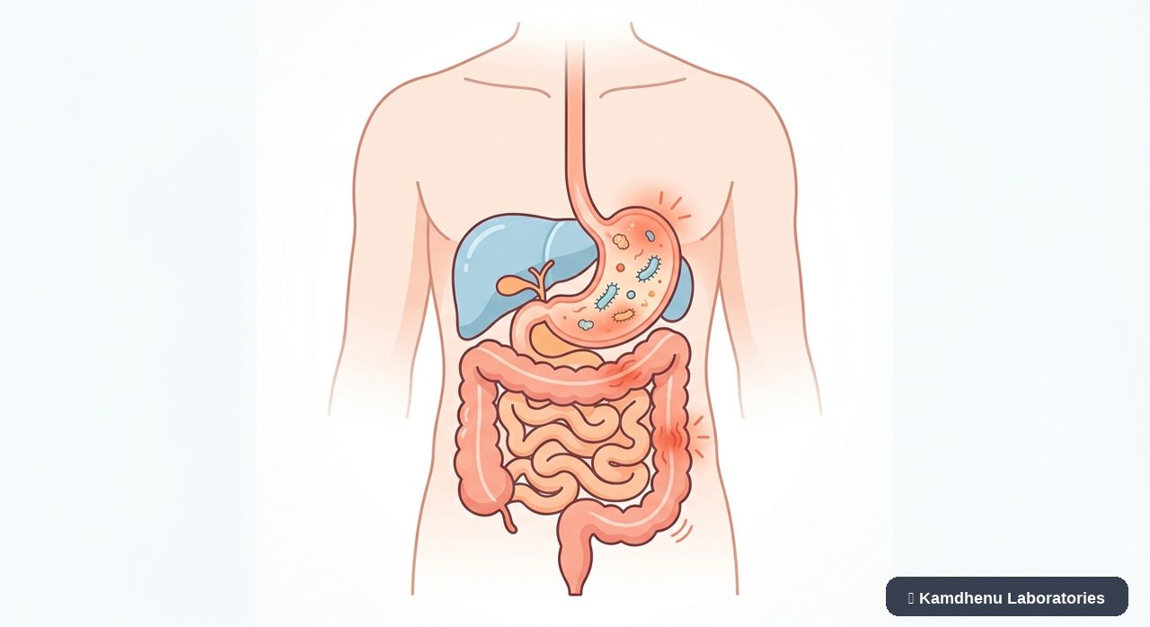 Editorial illustration representing Food poisoning for the Kamdhenu Laboratories educational wellness blog.