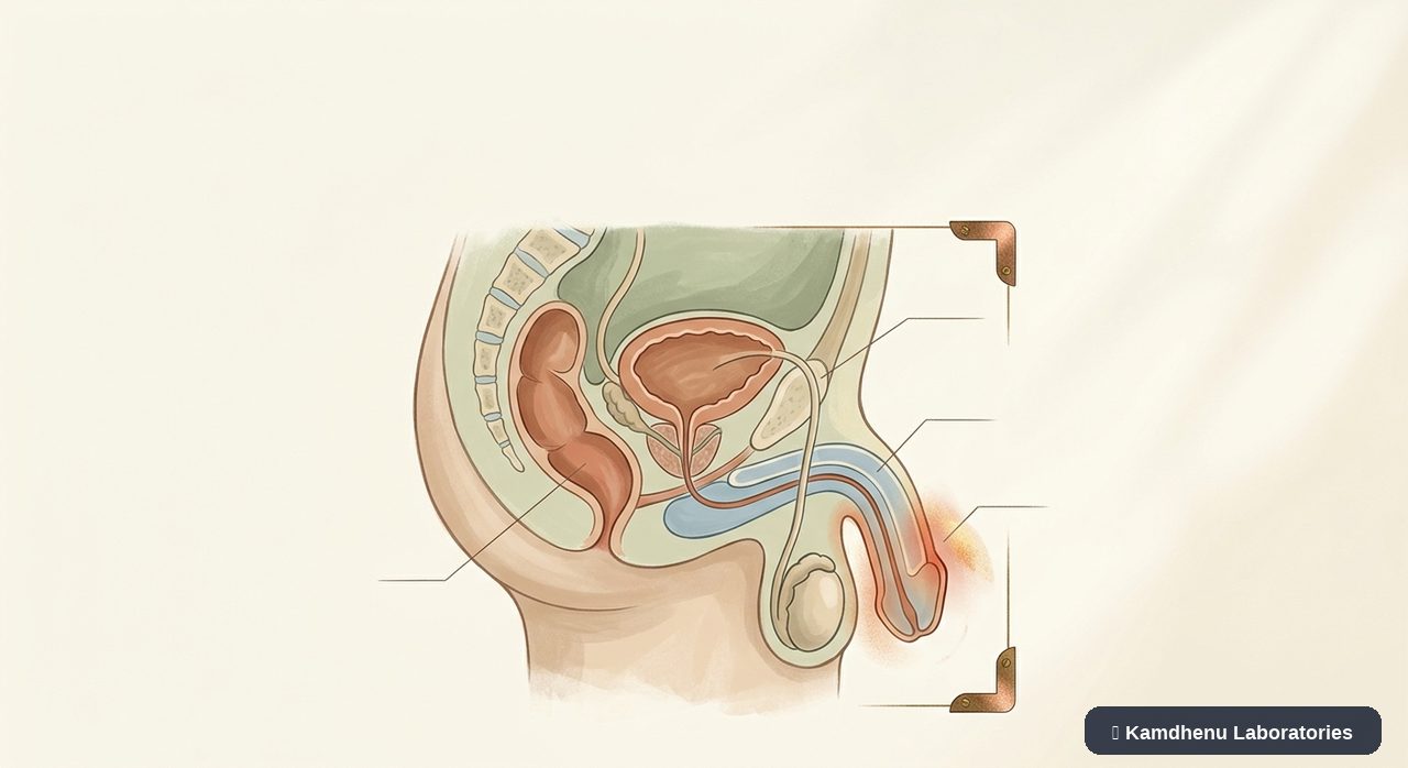 Editorial illustration representing Foreskin infection for the Kamdhenu Laboratories educational wellness blog.
