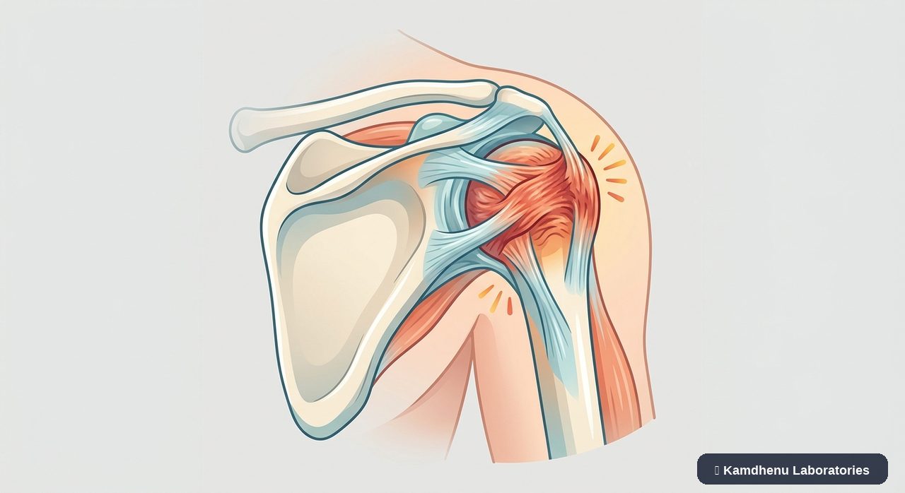 Editorial illustration representing Frozen shoulder for the Kamdhenu Laboratories educational wellness blog.