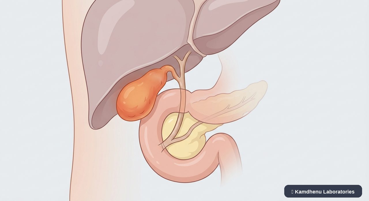 Editorial illustration representing Gallbladder inflammation for the Kamdhenu Laboratories educational wellness blog.