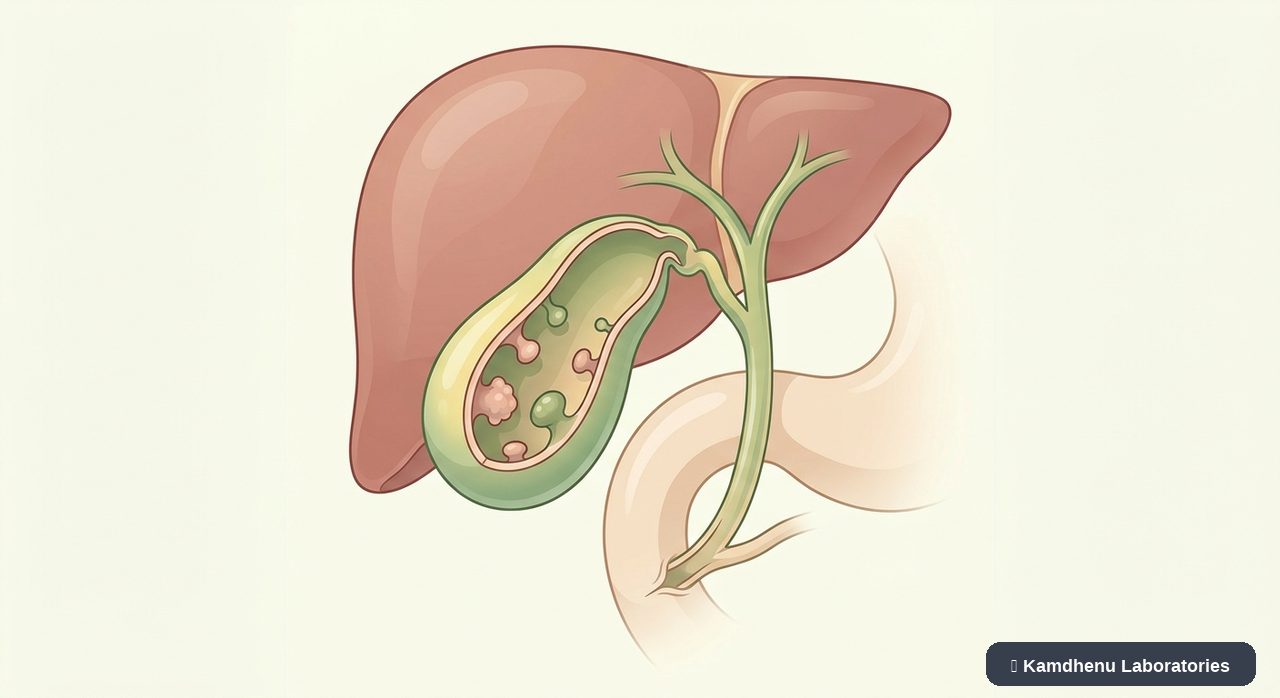 Editorial illustration representing Gallbladder polyps for the Kamdhenu Laboratories educational wellness blog.