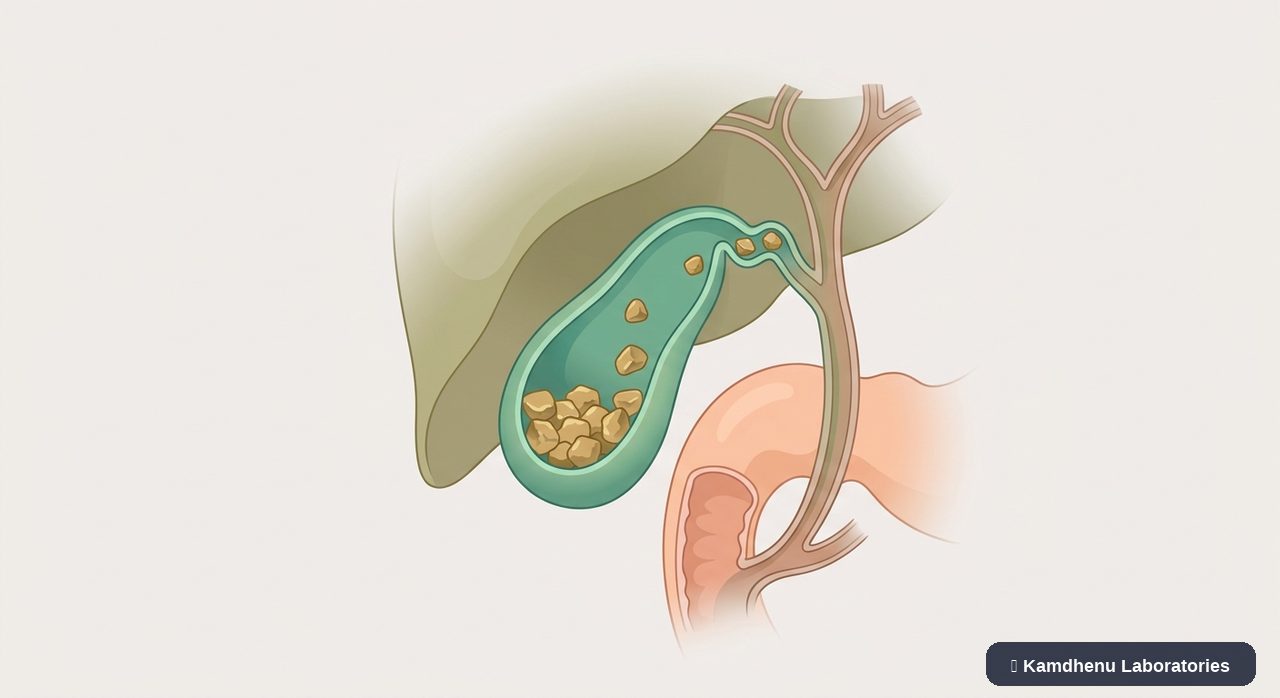 Editorial illustration representing Gallstones for the Kamdhenu Laboratories educational wellness blog.