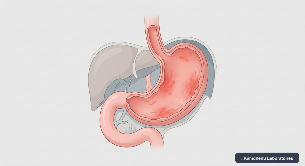 Editorial illustration representing Gastritis for the Kamdhenu Laboratories educational wellness blog.