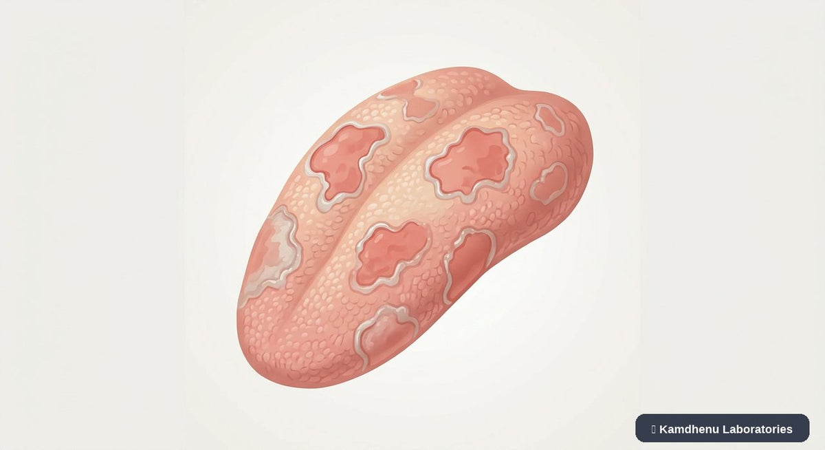 Editorial illustration representing Geographic tongue for the Kamdhenu Laboratories educational wellness blog.