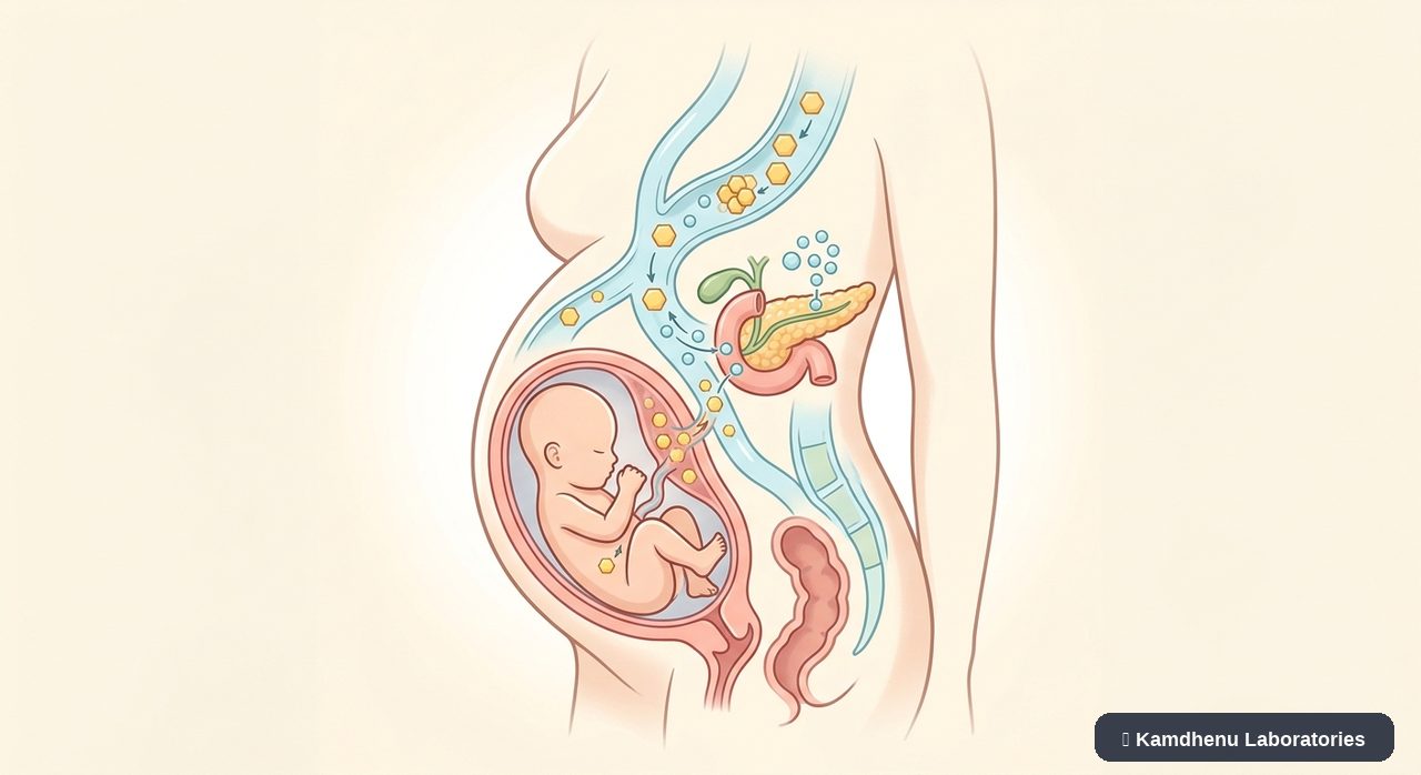 Editorial illustration representing Gestational diabetes for the Kamdhenu Laboratories educational wellness blog.