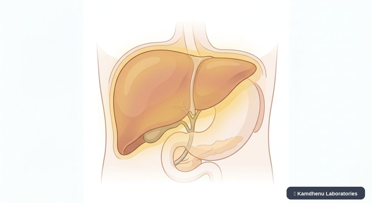 Editorial illustration representing Gilbert syndrome for the Kamdhenu Laboratories educational wellness blog.