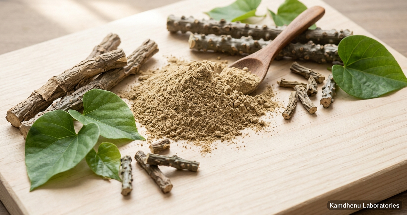 Giloy Powder — Ayurvedic powder containing giloy. Clean product photograph on a soft light background.